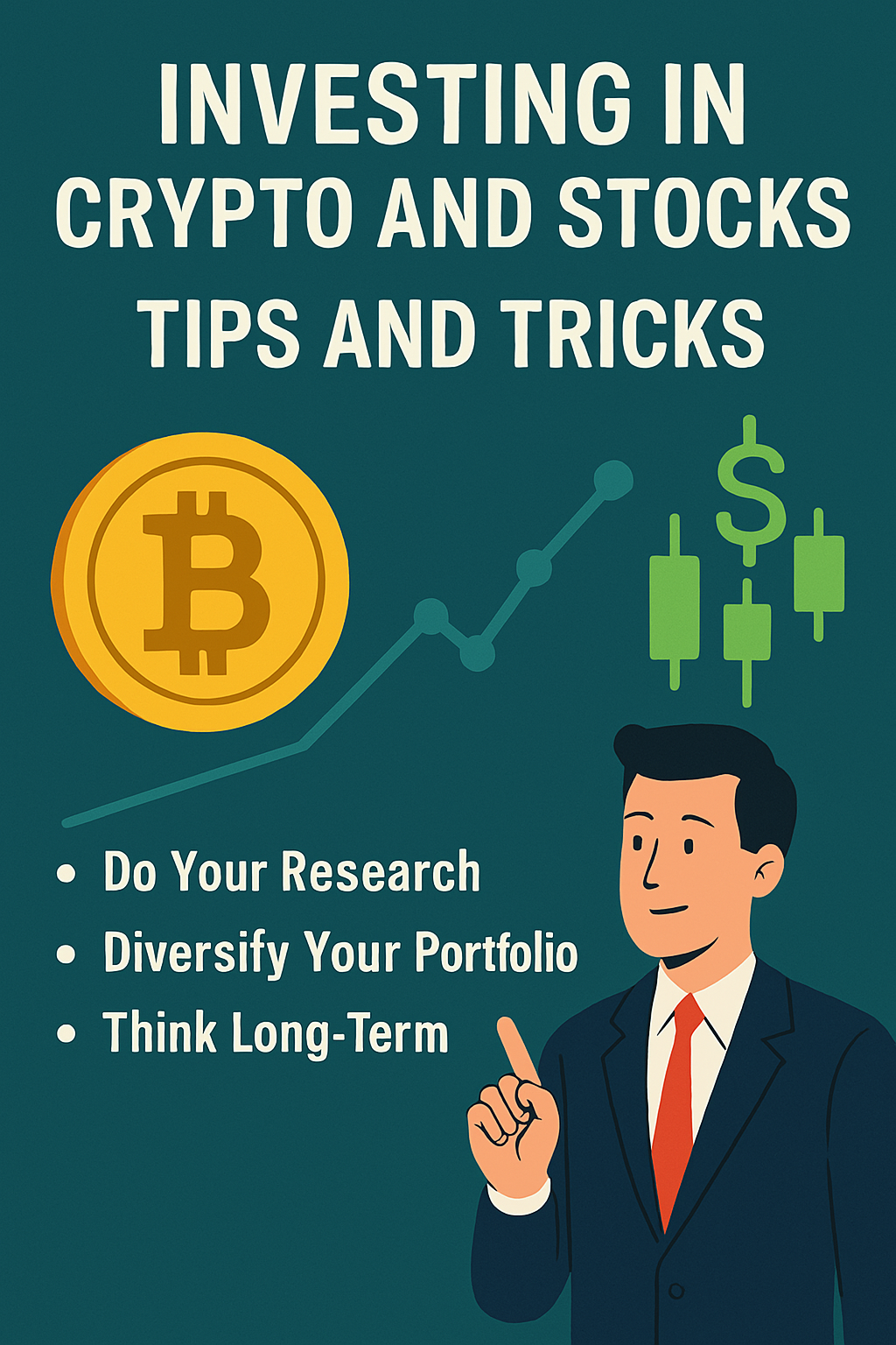 Digital infographic on investing in crypto and stocks, featuring a rising stock graph, Bitcoin symbol, and key investment tips in a professional, clean design.